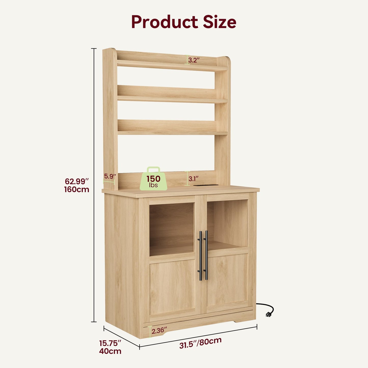 Garvee Farmhouse Bakers Rack with Glass Door, Microwave Stand with Power Outlets, Kitchen Hutch Pantry Cabinet, Kitchen Coffee Bar Cabinet for Spices, Dishes, and Pots, Wood