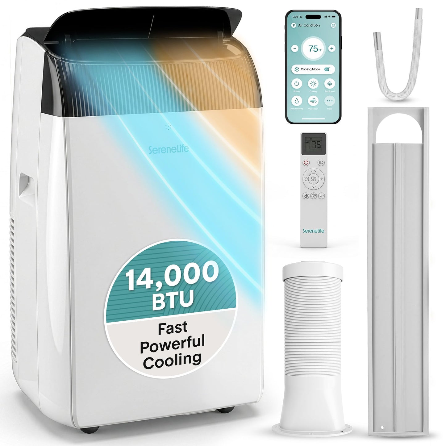 SereneLife 14,000 BTU Portable Air Conditioner with Dehumidifier, Heat, & Fan | Wi-Fi Enabled Portable AC Unit for Wide Area Climate Control | Compact Standing Air Conditioner with Window Kit