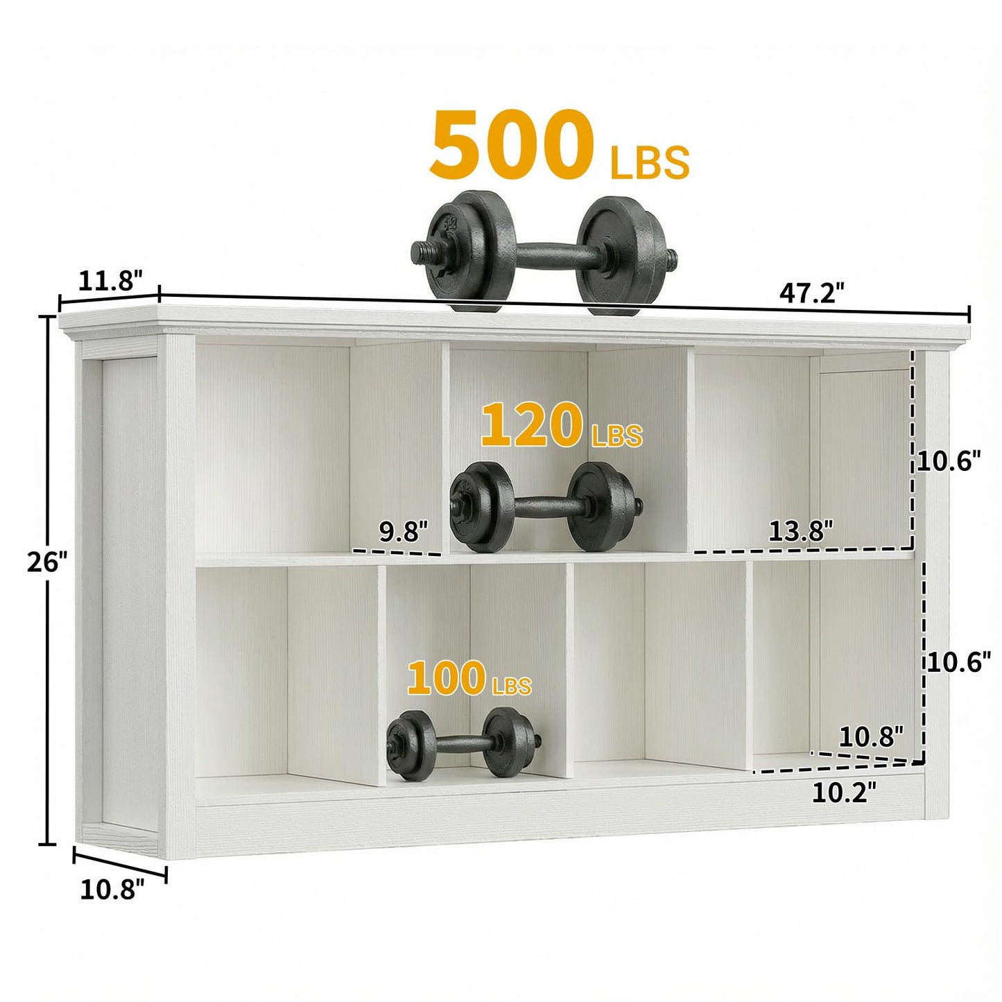 Unikito 7 Cube Storage Book Shelf - 47" Wide Wood Cube Storage Organizer, Wooden 2 Tiers Floor Standing Low Bookcase for Living Room, Bedroom, Home Office, Kids Room, Rustic White