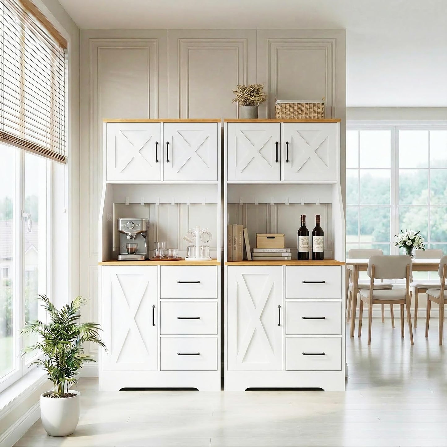 DreamDashio Pantry Cabinet with Adjustable Shelves and 3 Drawers, Tall Kitchen Pantry Storage Cabinet with LED Light & Charging Station, Kitchen Hutch with Microwave Shelf & 6 Hooks for Dining Room