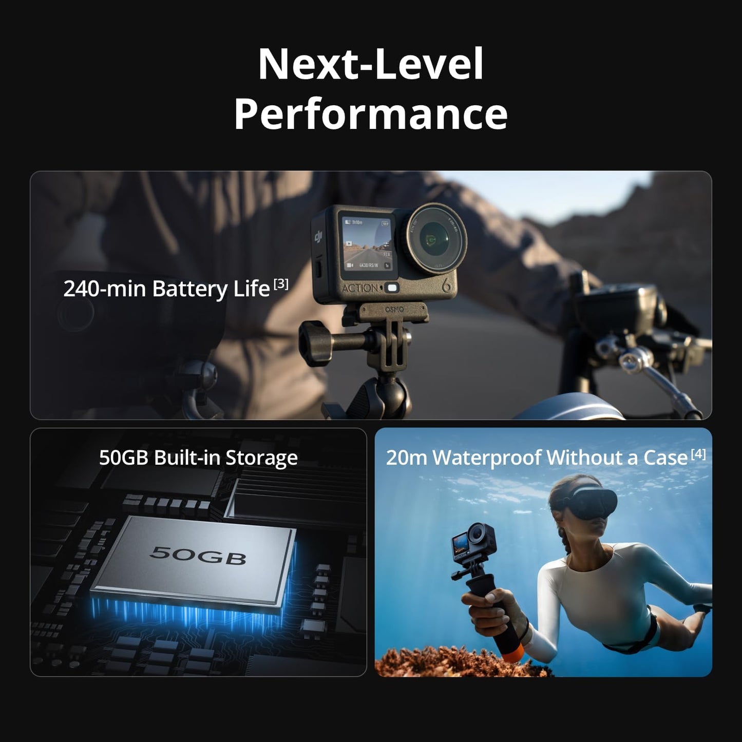 DJI Osmo Action 6 8K Waterproof Action Camera Bundle, 1/1.1" Square Sensor, Variable Aperture of f/2.0–f/4.0, 50GB Built-in Storage, Original Essential Combo + Street Photography Handle Kit