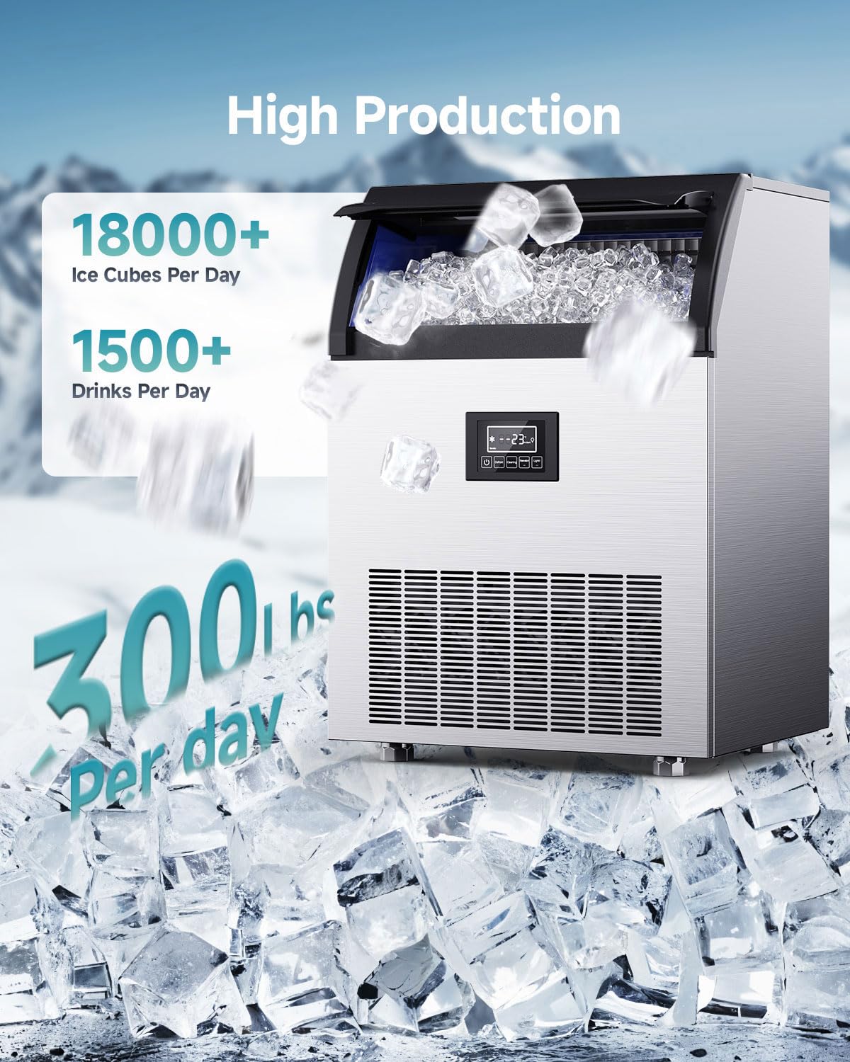 EUHOMY Commercial Ice Maker, 300lbs/24H, Stainless Steel Under Counter Freestanding Ice Machine with Water Filter, 44lbs Storage Capacity, 126 Cubes in 8-12 Mins for Home/Bar/Cafe/Restaurant