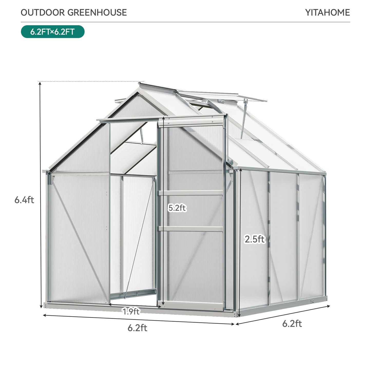 YITAHOME 6x6FT Polycarbonate Greenhouse Heavy Duty Green Houses Outdoor Greenhouses Aluminum Sliding Doors Vent Window Large Sun House for Garden Backyard, Silver
