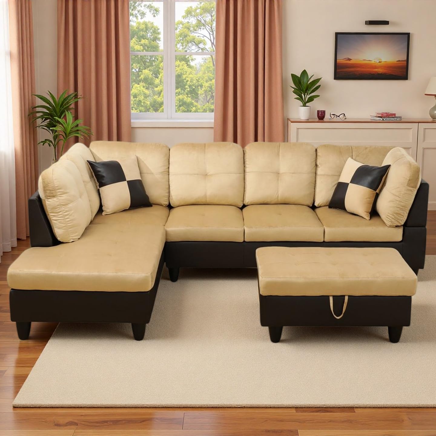 NicBex Sectional Couch 3 Pieces Sofa Set, L-Shaped Modular Couches for Living Room, Furniture Sets with Lounge Chaise & Storage Ottoman, Multi-Scene Use for Apartment & Office, Beige+Black