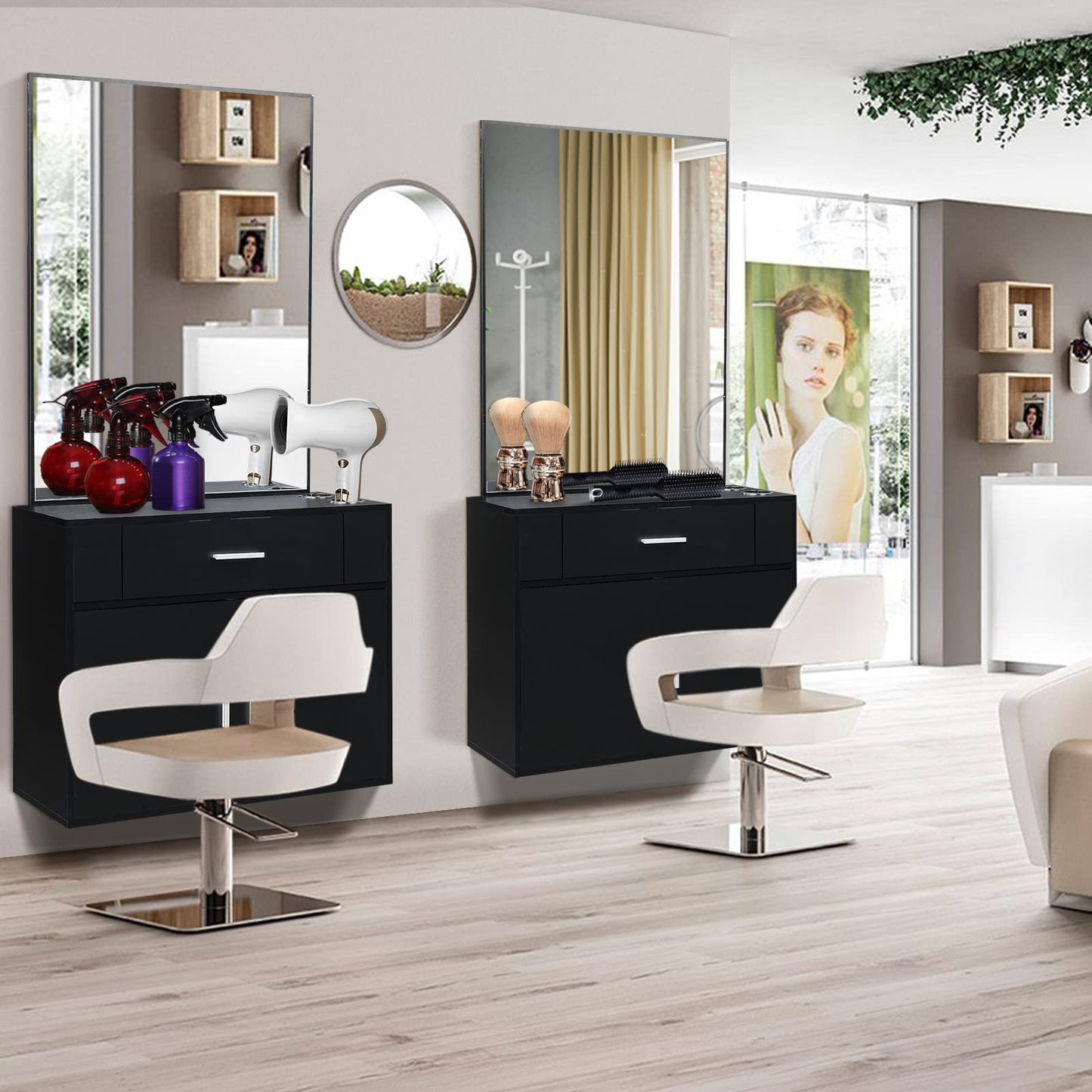 59.4" Black Salon Cabinet Station with Mirror, Beauty Salon Barber Spa Equipment with Mirror, Barber Salon Stations with Mirror, Beauty Salon Barber Spa Equipment with Mirror, Shelves, Cabinet