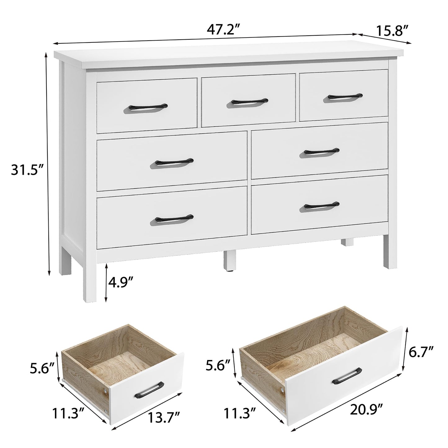 Tradare White Dresser for Bedroom with 7 Drawer,Wooden Double Dresser with Metal Handles, Wide Chest of Organizer Storage Drawers for Living Room, Hallway, Entryway