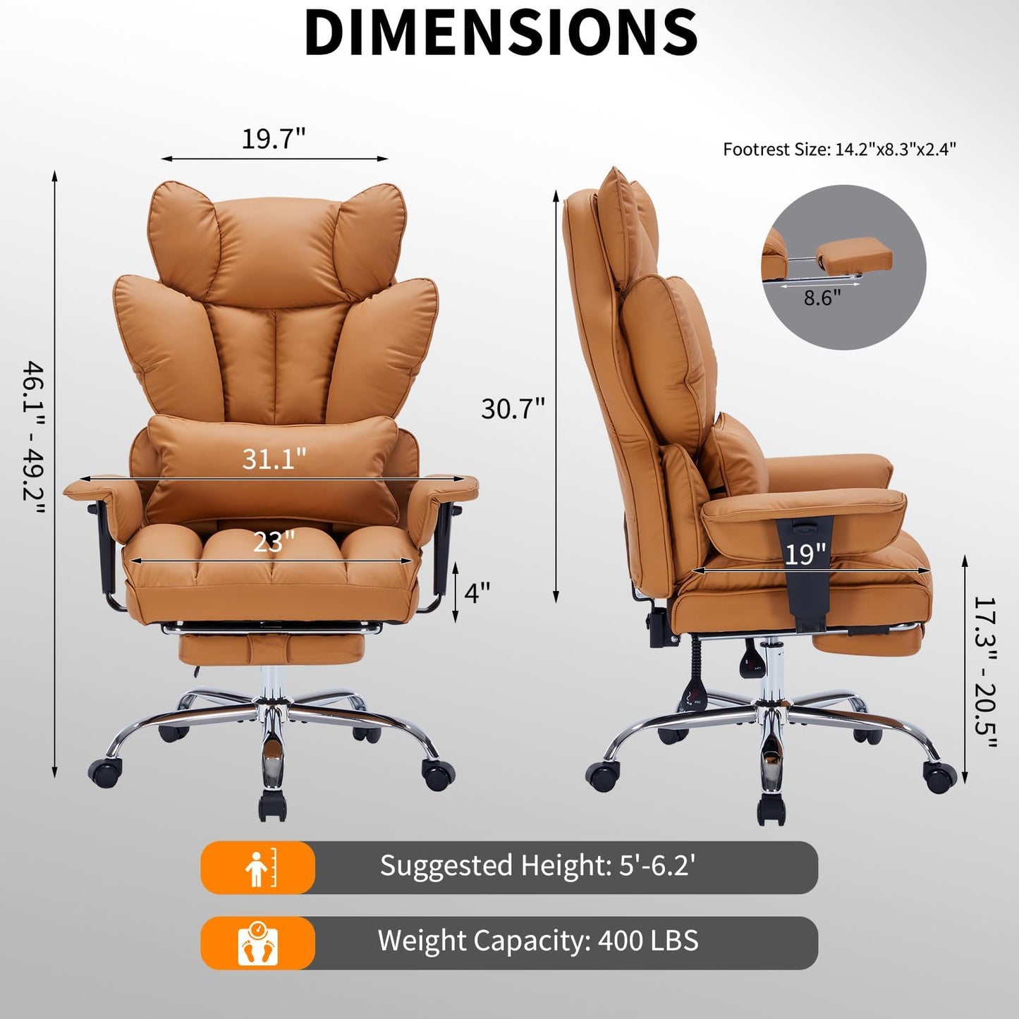 Big and Tall Office Chair, 400lbs Executive Leather Office Chair with Footrest, Ergonomic Gaming Chair for Adults, High Back Desk Chair with Lumbar Support, Wide Seat, 150 Degree Reclining, Brown