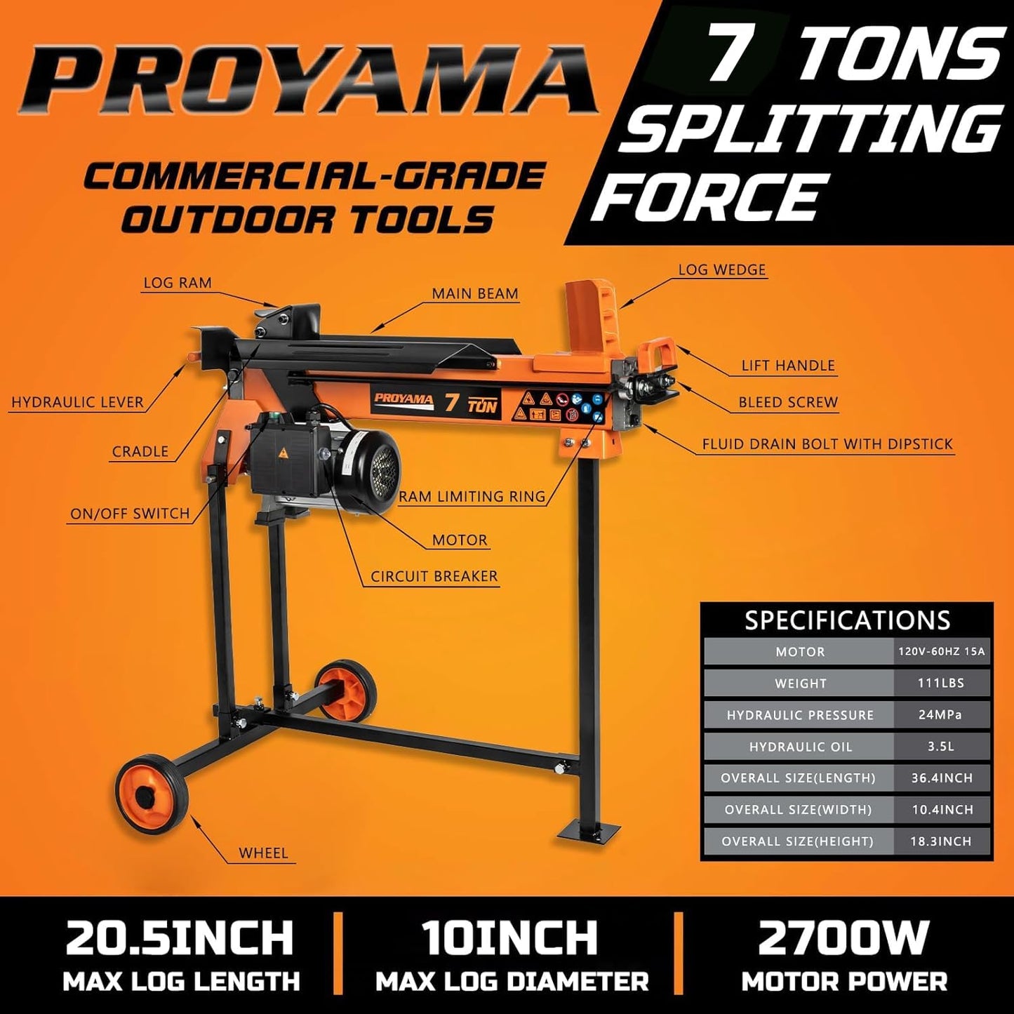 PROYAMA Log Splitter 7 Ton with Stand, Wood Splitter Electric Powered, Hydraulic Ram, Firewood Splitting Machine Black Stand Wood Splitter