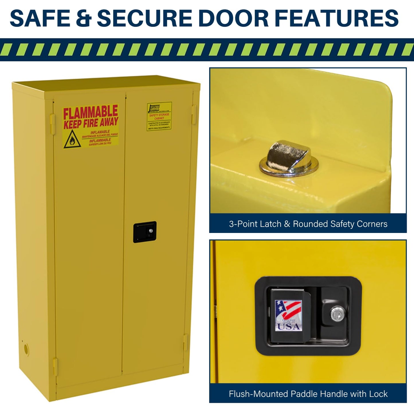 Jamco 44 Gallon Flammable Safety Cabinet, Steel Flammable Storage Cabinet with Lockable Self-Closing Doors, Non Forkliftable, 34" x 18" x 65", Yellow