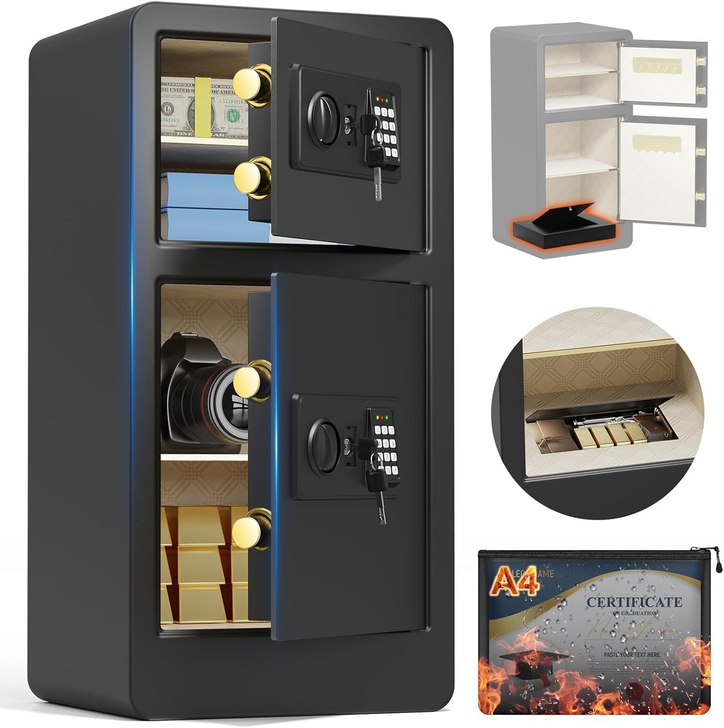 7.5 Cuft Extra Large Safe Box Fireproof Waterproof, Fire Proof Safes With Double Door, A4 Fireproof Bag, Digital Keypad & Spare Key, Smart Alert, Safes For Home Use Fire And Water Proof