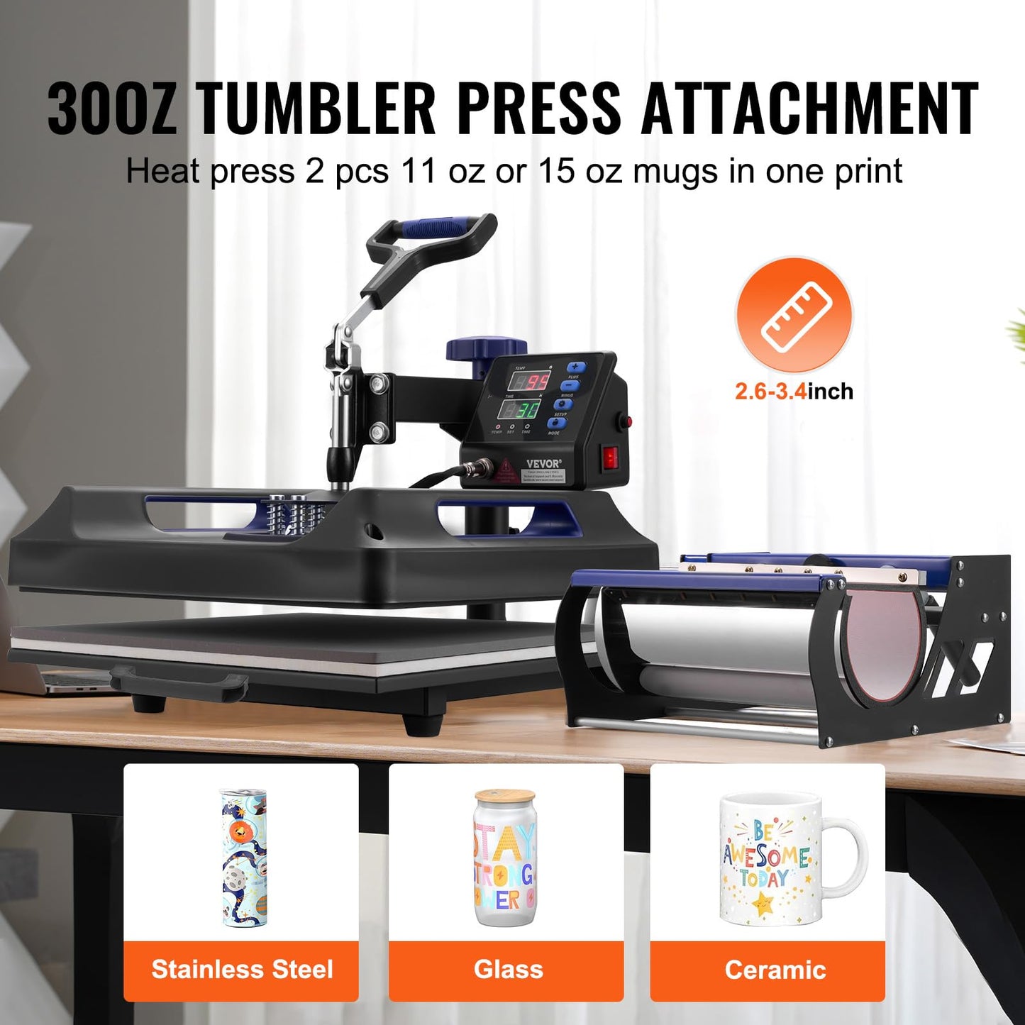 VEVOR 5 in 1 Heat Press Machine, Heat Transfer Machine with 30 oz Tumbler Press, 15 x 15 inch, 360° Swing Away T-Shirt Pressing, Fast Even Heating, for T-Shirts/Mugs/Plates/Hats, Black+Blue