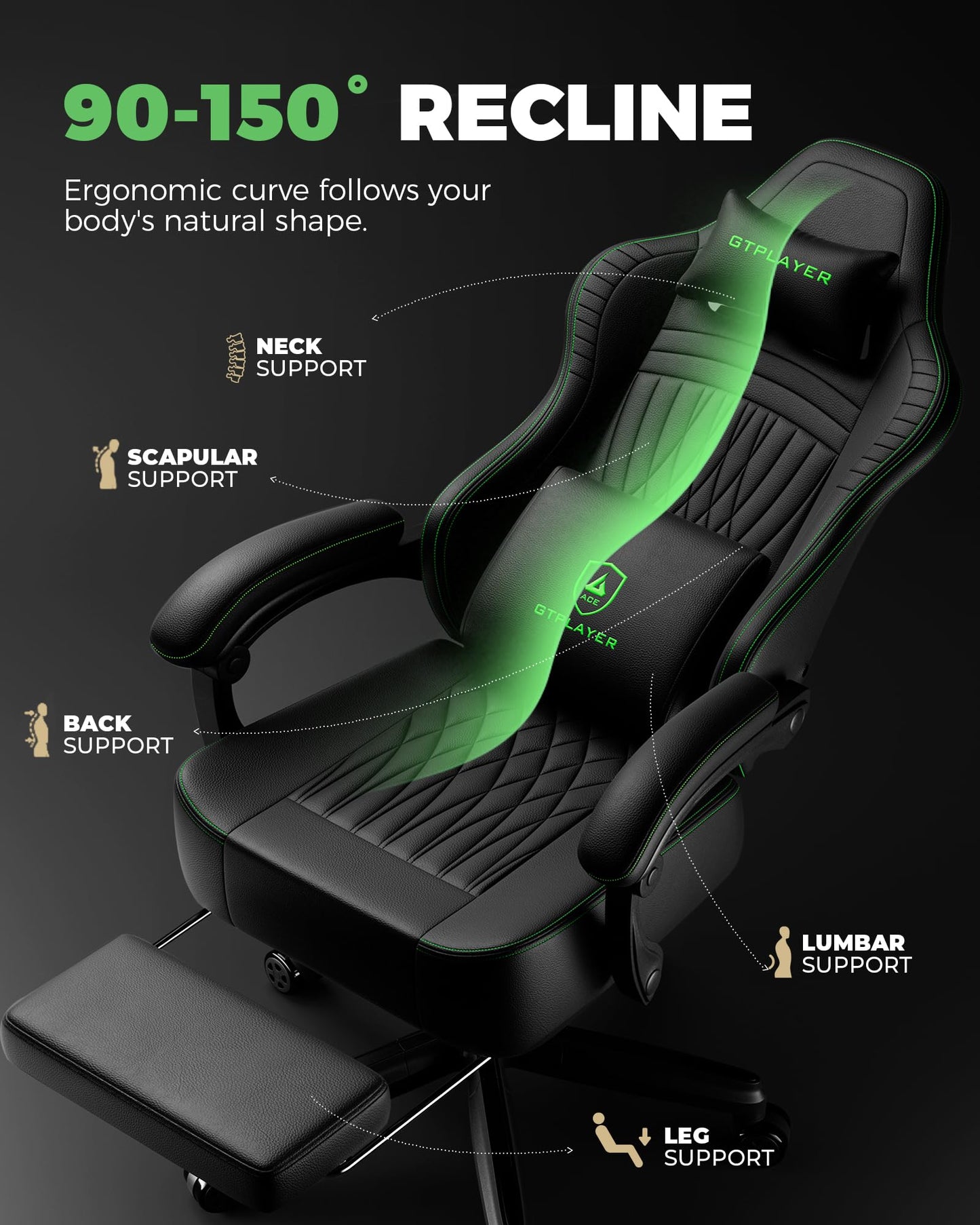 GTPLAYER Gaming Chair, Video Game Chairs with Footrest, PC Gamer Chairs for Adults - Padded High Back Ergonomic Reclining Silla Gamer, Linkage Armrest, Ace Pro, Black Green
