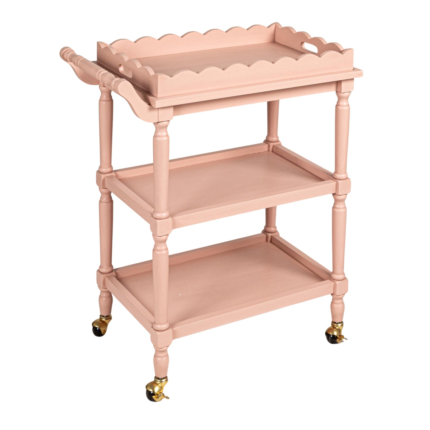 Creative Co-Op 3-Tier Bar Cart on Casters with Removable Scalloped Tray, Pink
