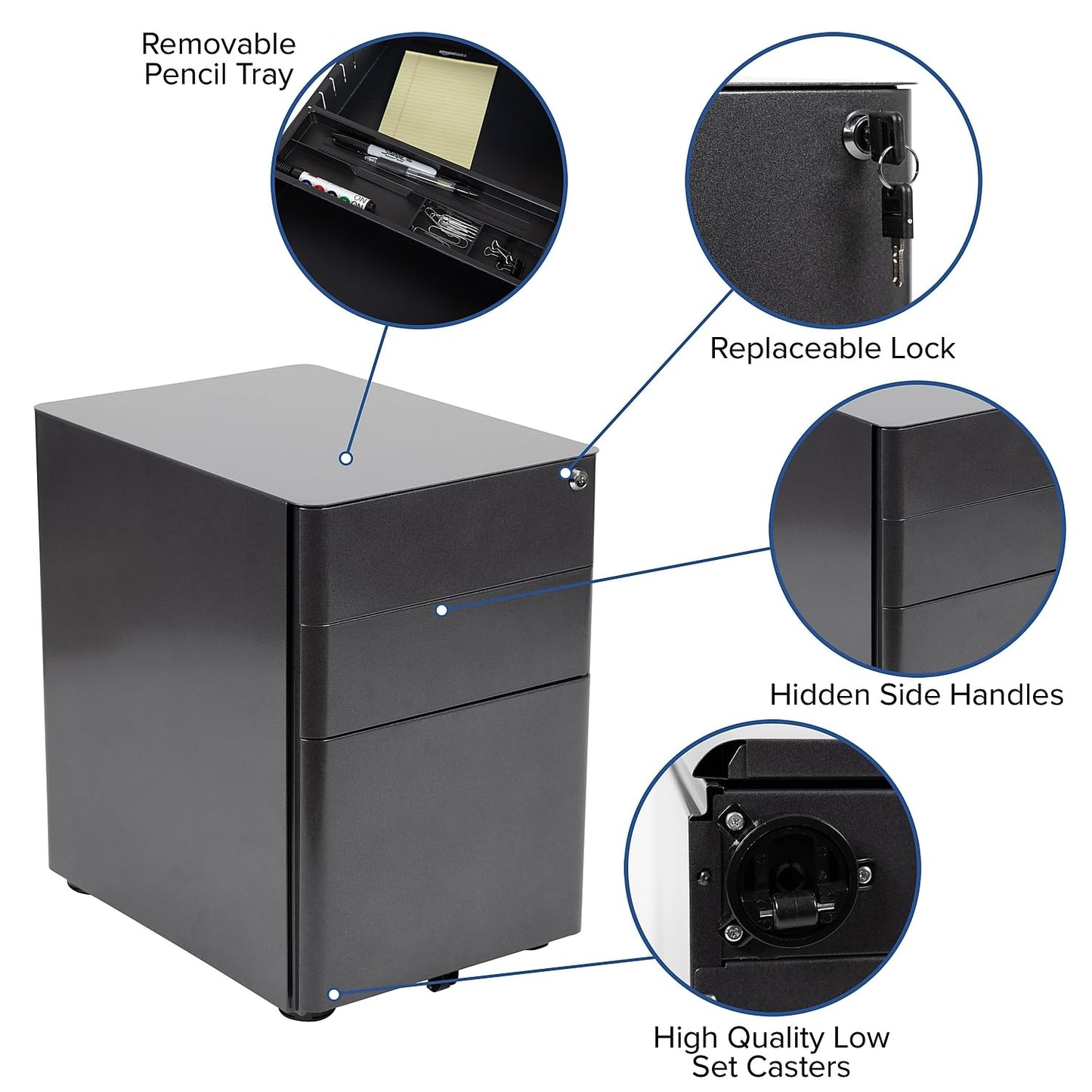 Flash Furniture Warner Modern 3-Drawer Mobile Locking Filing Cabinet with Anti-Tilt Mechanism and Hanging Drawer for Legal & Letter Files, Black