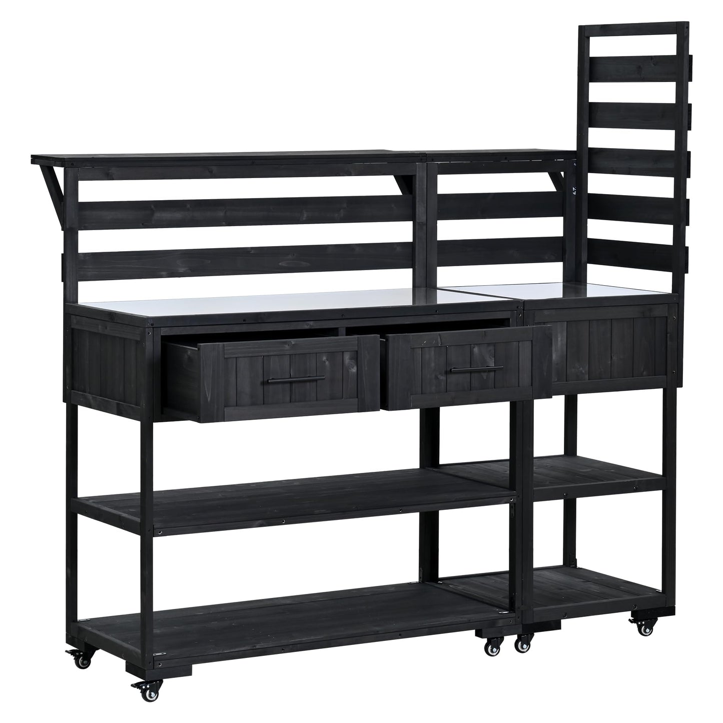 GDFStudio Elshire Patio Kitchen Island Cart with Storage, Wooden Outdoor Storage Cabinet with Stainless Steel BBQ Prep Table Top, Drawers, Raised Shelf and Lockable Wheels, Garden Potting Bench, Black
