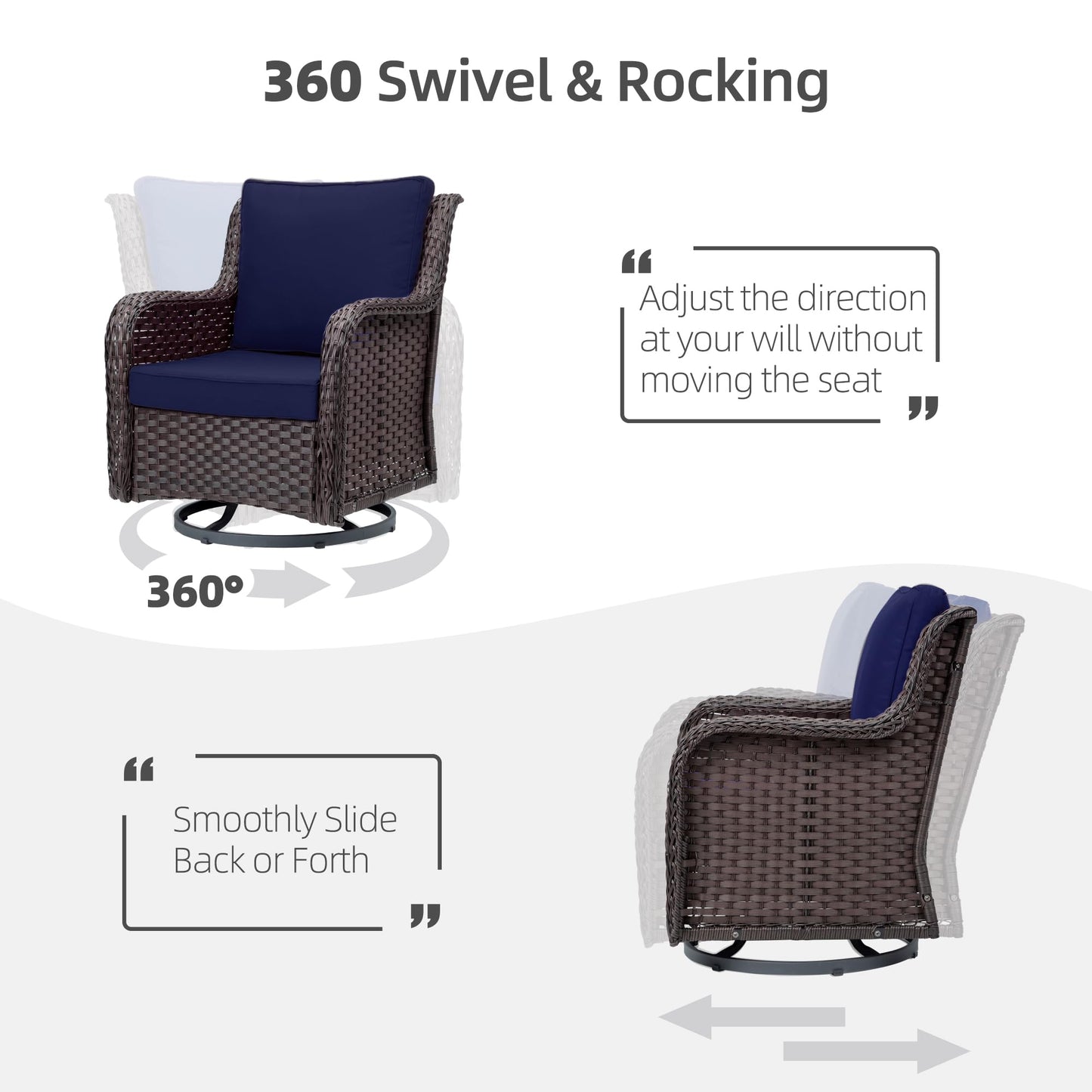Towallmark Outdoor Swivel Wicker Glider Patio Chairs with Table Set, 3 Pieces Outdoor Bistro Set with 4”Thick Cushions and Coffee Table for Porch, Balcony, Deck (Blue)