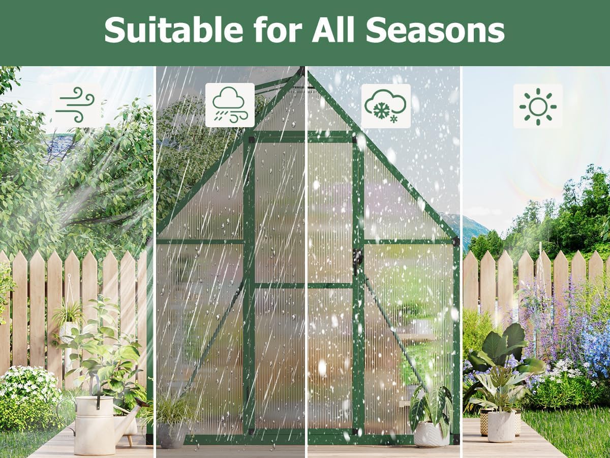 Heavy Duty 6x7 FT Polycarbonate Greenhouse Kit, Reinforced Frame, Lockable Door, UV Protection, Roof Vent, All Weather Small Walk-in Green House for Outdoors, Garden or Patio