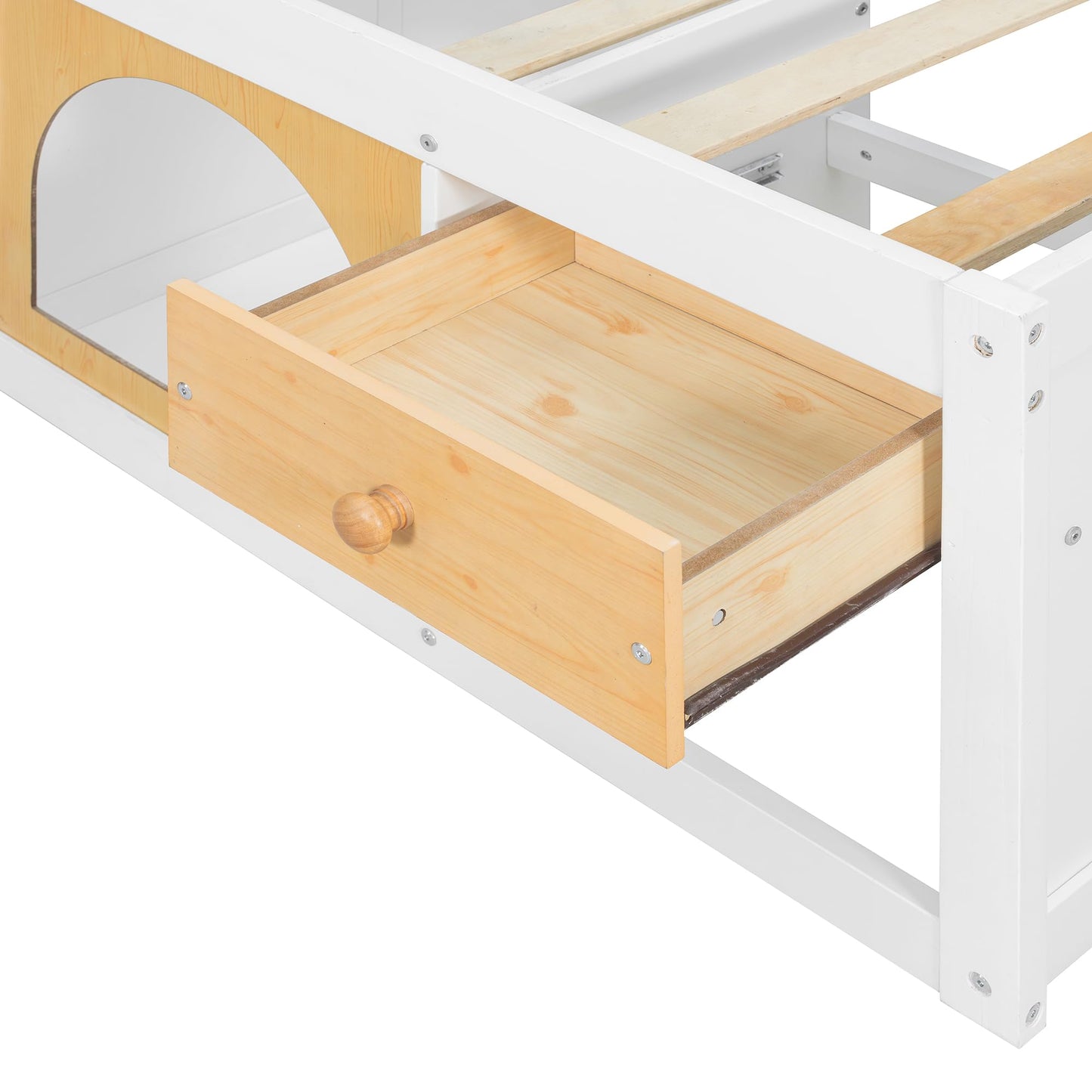 Merax Full Size Wooden Platform Bed with Bookshelf, Display Cabinet and Storage Drawer, White+Natural Multi-Functional Storage Bed for Bedroom, Guestroom