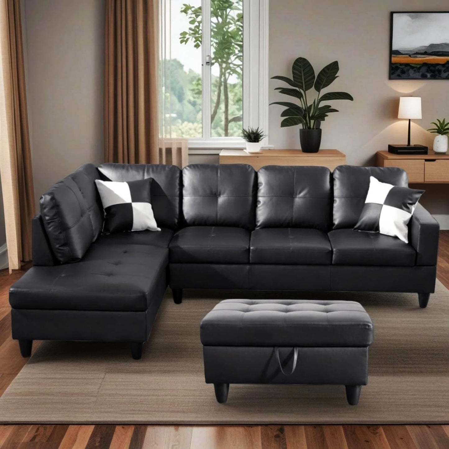 Trygoal 103.5" Sectional Couches for Living Room, Leather 4 Seat L Shaped Couch with Chaise, 3-Piece Modular Sofa with Storage Ottoman, Home Furniture Sets for Apartment Office, Black