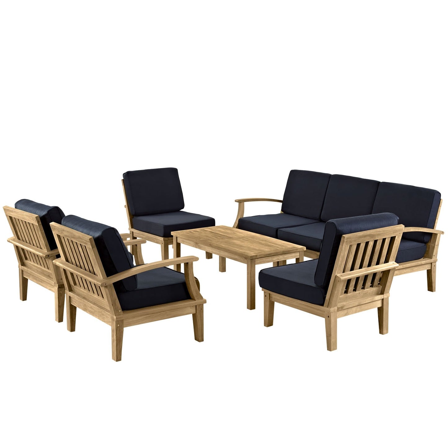 Modway Marina Premium Grade A Teak Wood 8-Piece Outdoor Patio Furniture Set in Natural Navy