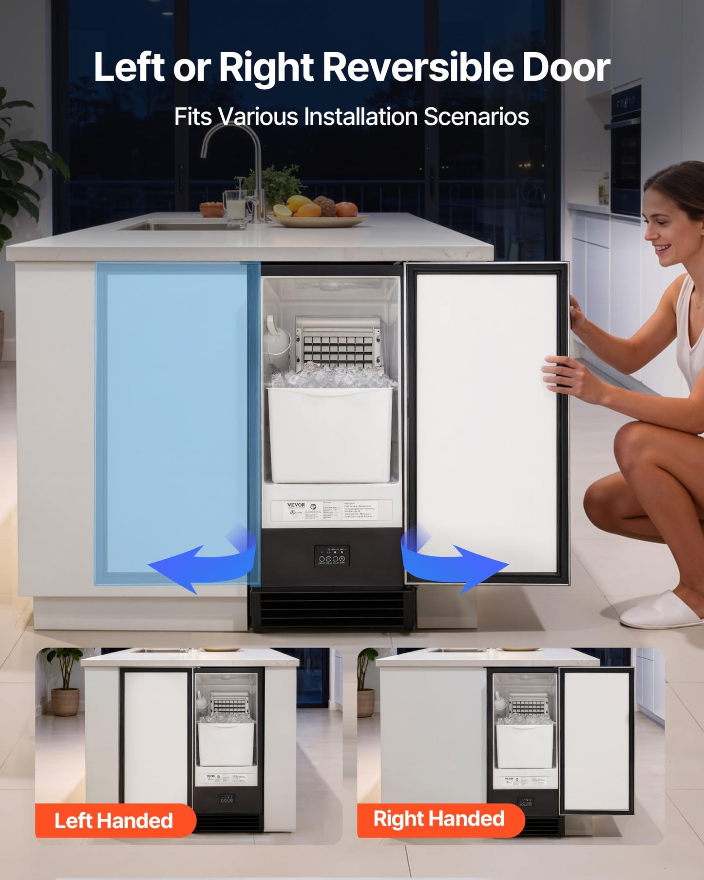 VEVOR Undercounter Built-in Ice Maker, 50 Lbs/Day Under Counter Ice Maker Machine with Drain Pump, Reversible Door, Stainless Steel Freestanding Ice Maker for Commercial Home Kitchen