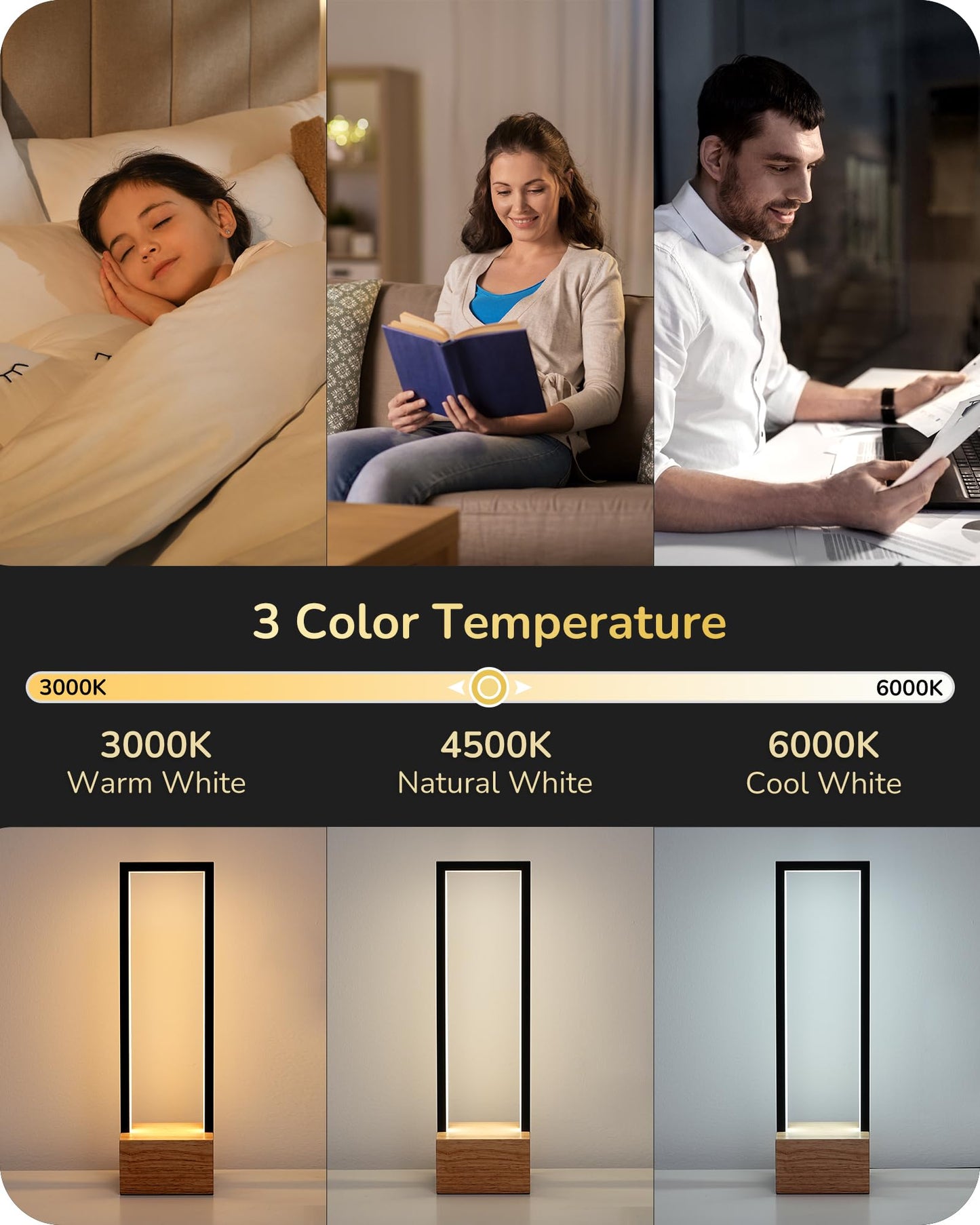 EDISHINE Modern Table Lamp, Dimmable LED, 3 Color Temps, 14.6inx4.7inx4.7in, Black Frame & Solid Wood Base, Model HLTL02