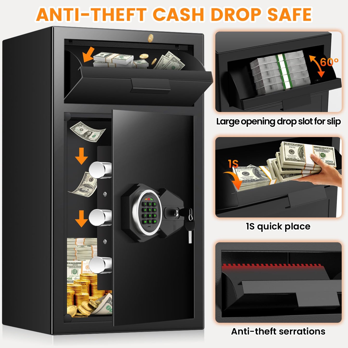 5.8 Cuft Commercial Depository Drop Safe for Business, Anti-theft Cash Safe Box with Drop Slot, Digital Combination Lock and Spare Keys, Heavy Duty Cash Drop Safes for Business Retail Bar Food Trucks