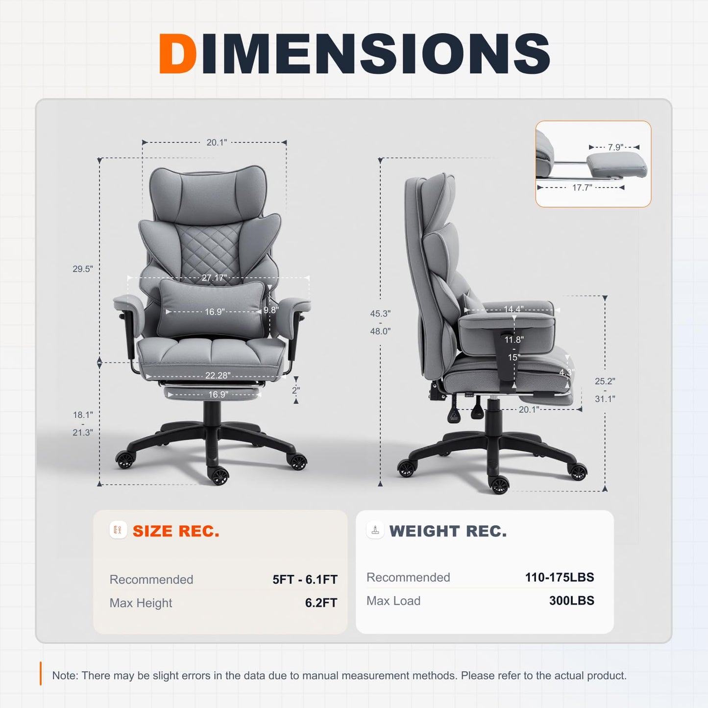 Dowinx Big and Tall Office Chair with Pocket Spring Cushion,High Back Computer Gaming Chairs with Adjustable Armrests and Lumbar Support,Executive Desk Chairs with Footrest(PU Leather,Grey)