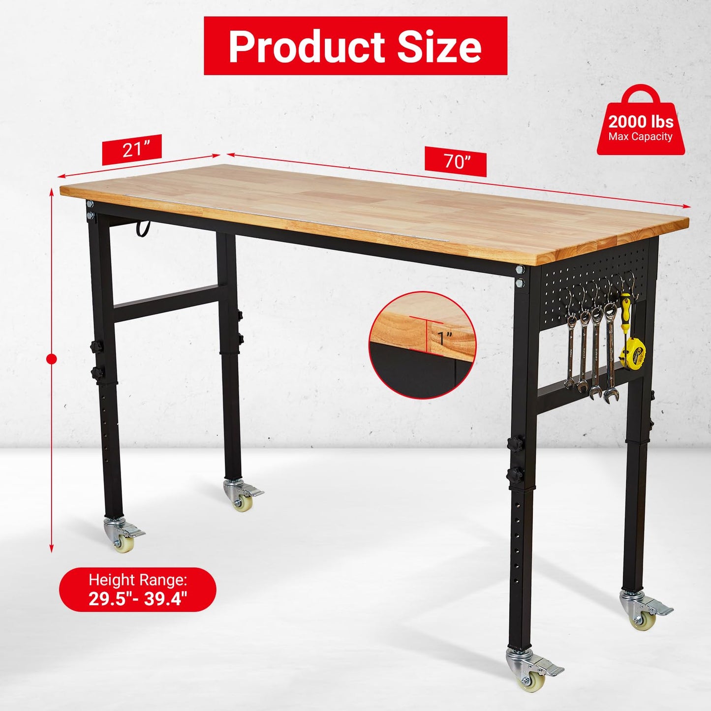 Adjustable Workbench with Wheels 70x21 Inches-Heavy Duty Adjustable Height Work Benches for Garage,Lockable Rolling Workbenches for Workshop and Home DIY 27.8"-39.5" Height