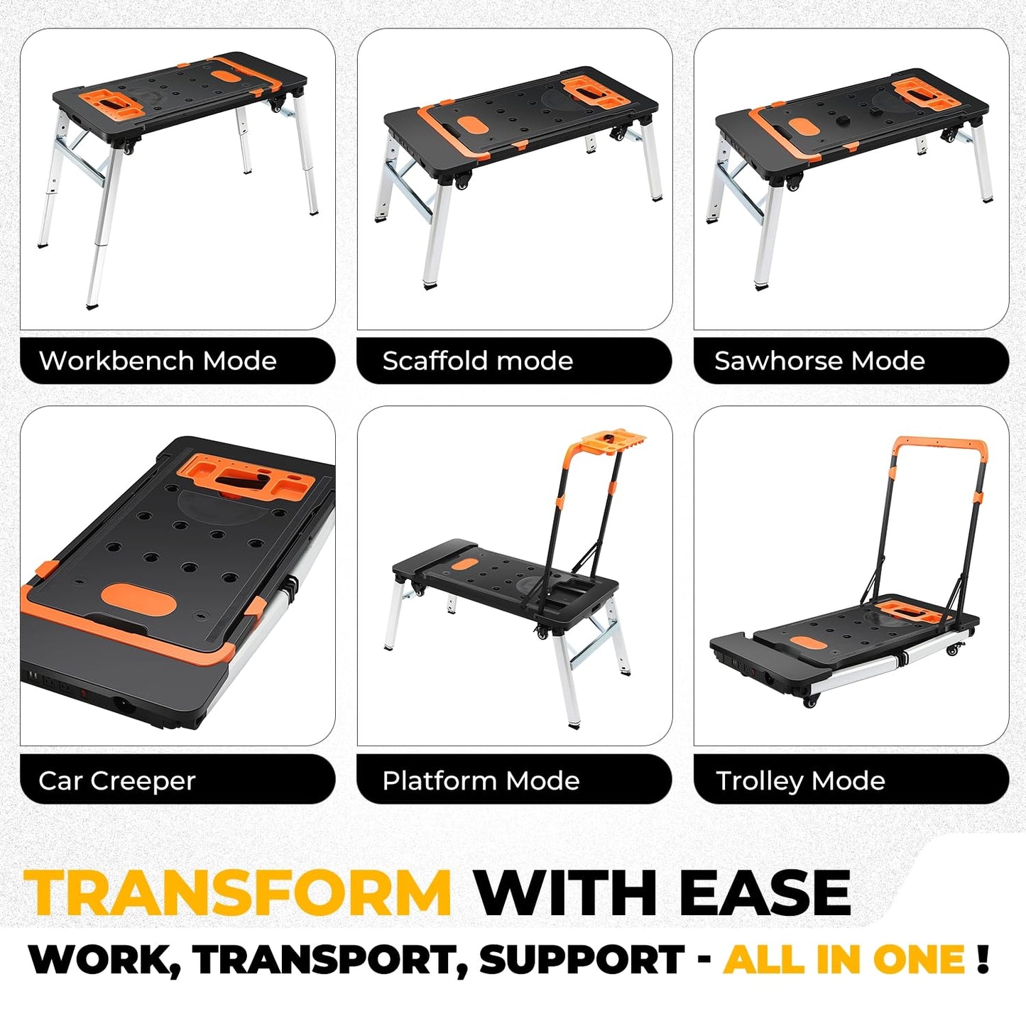 Auto Dynasty 7-in-1 Folding Workbench Portable Table Car Creeper with 4 Wheels for DIY Station, Garage, Repair Shop, as Dolly, Scaffold, Platform, Sawhorse, and Hand Truck, Height Adjustable 440 lbs