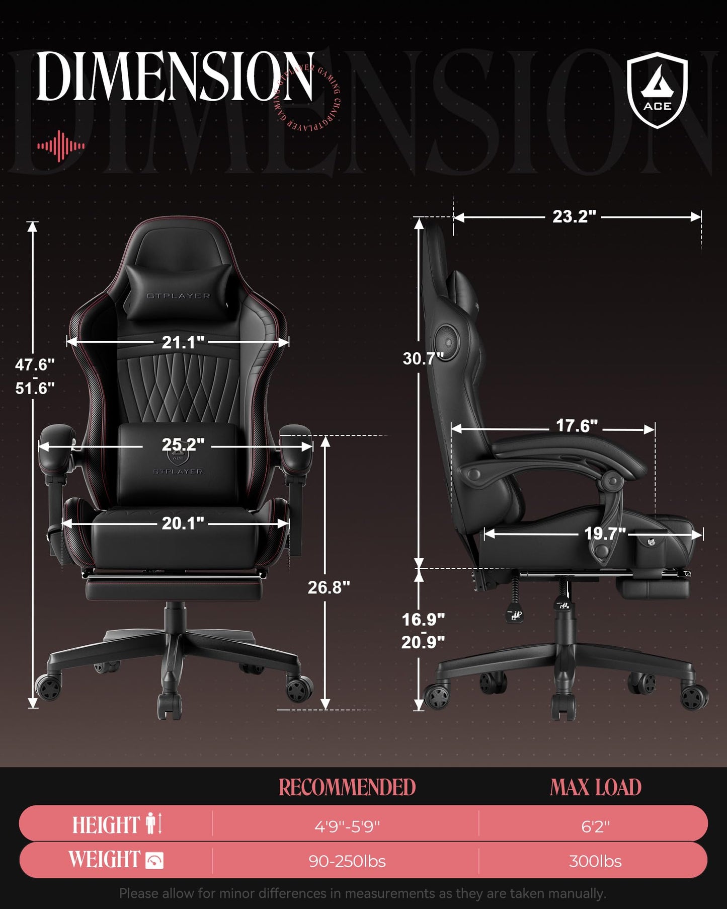 GTPLAYER ACE-PRO Music Gaming Chairs – Built-in Speakers, App Support & Bluetooth Control, Computer Game Chairs with Footrest for Adults, Ergonomic, Reclining, Linkage Armrest, BK‑RD Stitch