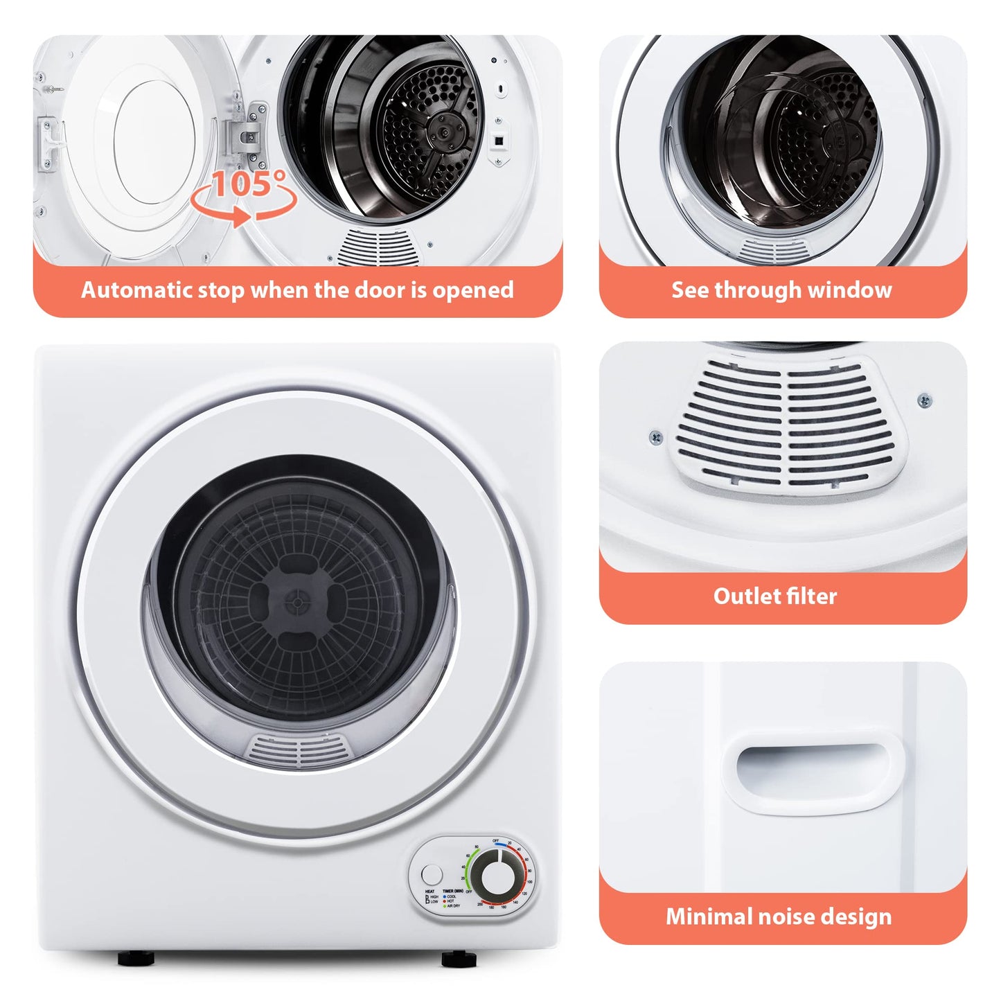 Euhomy Portable Dryer 1.5 cu. ft., 850W Powerful Clothes Dryer with Stainless Steel Drum and Exhaust Hose, Dryer Ideal for Apartments, RVs, Dorm Rooms，White