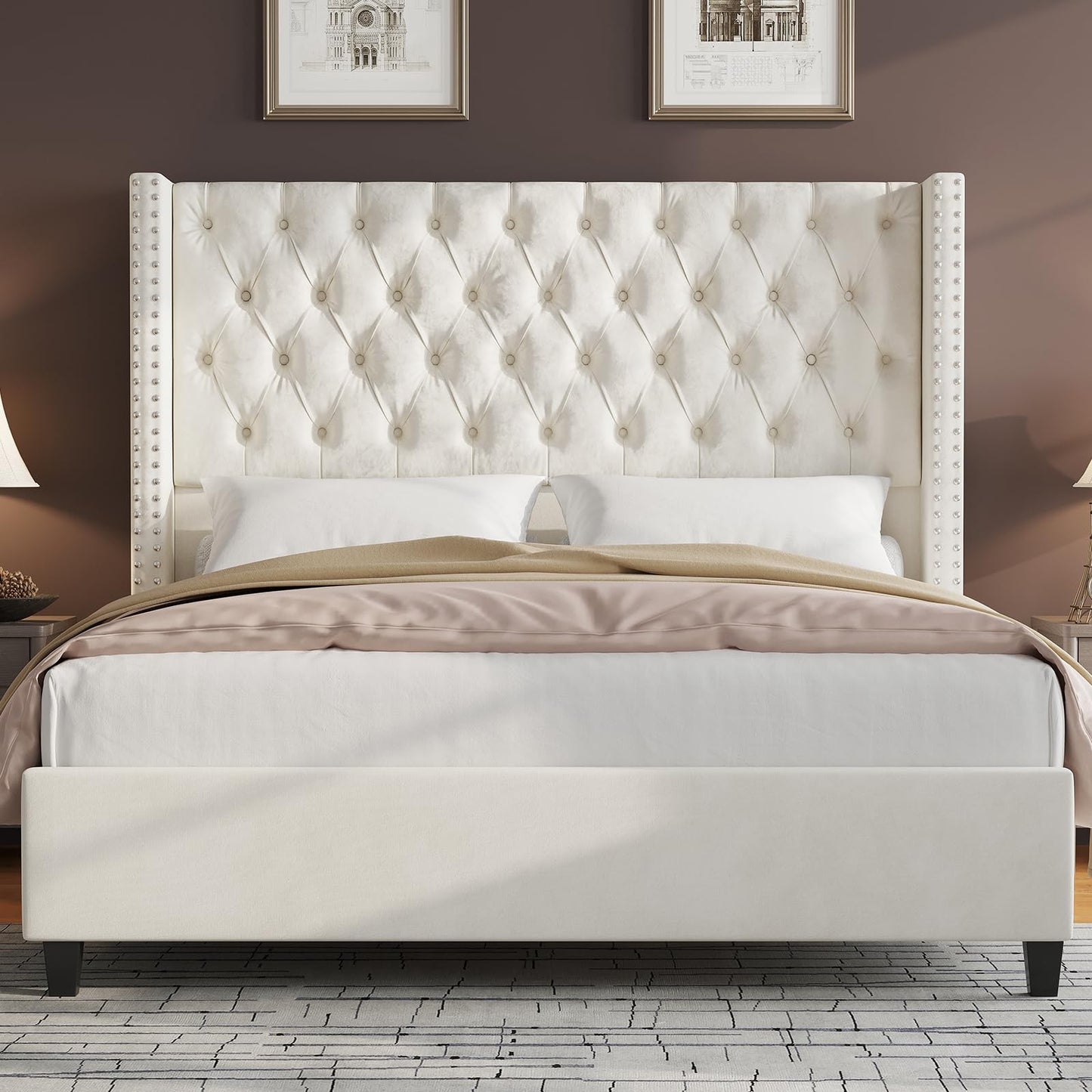 Jocisland King Upholstered Bed Frame with Tall Headboard Wingback Platform Bed Tufted Deep Button Velvet/No Box Spring Needed/Easy Assembly/Cream