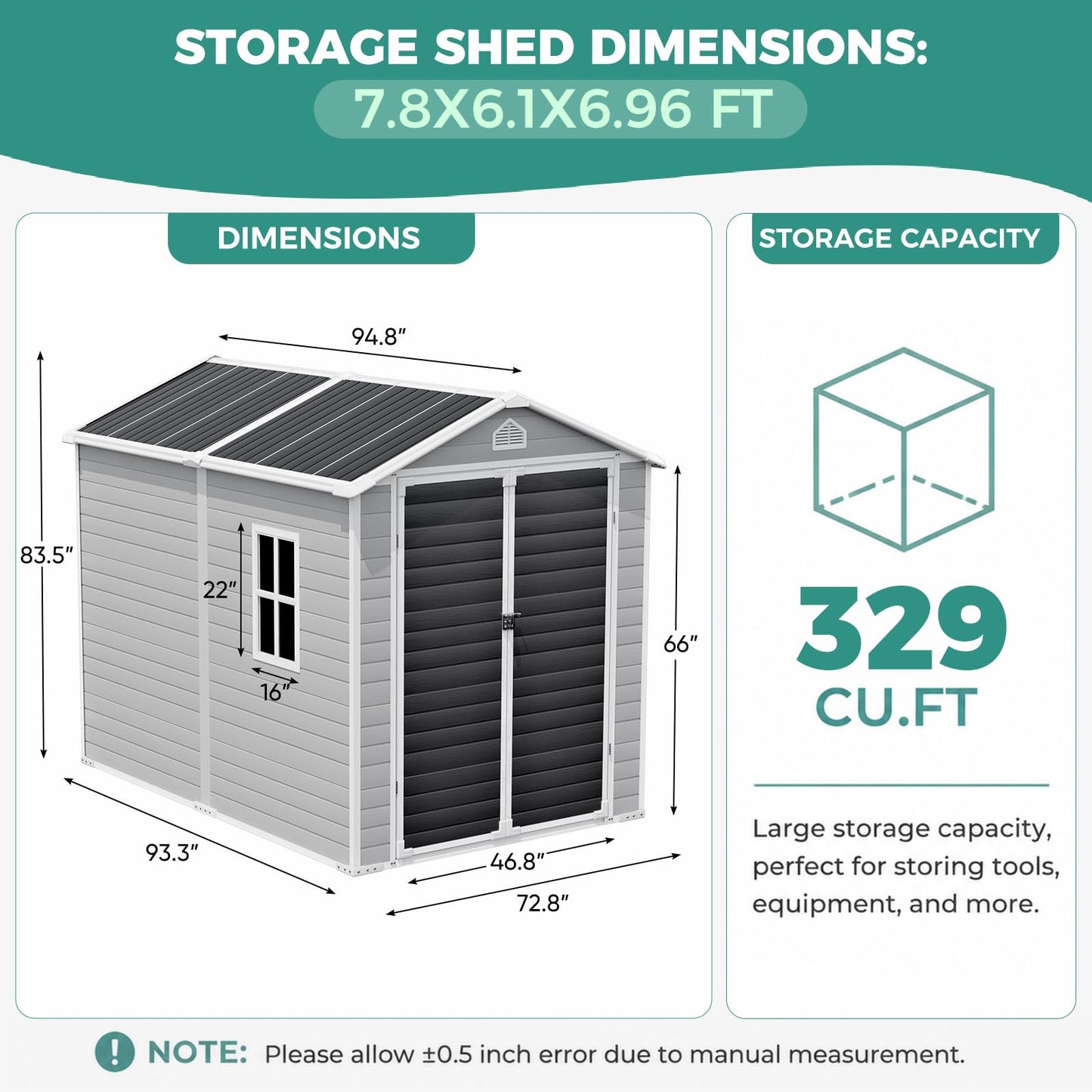 SENYUN 8x6 FT Resin Storage Shed with Floor Included, Garden Outdoor Shed with Lockable Doors and Window, Double-Wall Polypropylene Plastic Shed for Backyard, Patio, Lawn, Bike, Tools, Grey