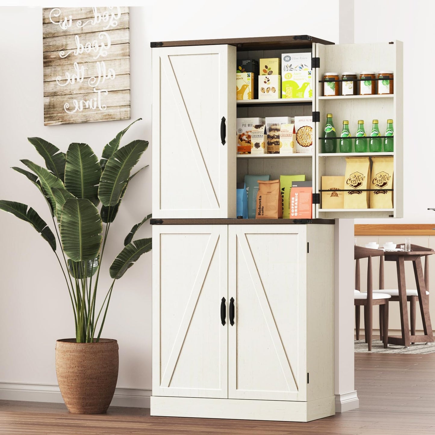 Farmhouse Kitchen Pantry Cabinet with 3 Drawers,71" Tall Rustic Wood Storage Cabinet with 6 Door Shelves,with Load-Bearing Steel Pipe,Pantry Organizers for Kitchen,Dining Room(Rustic Off White)