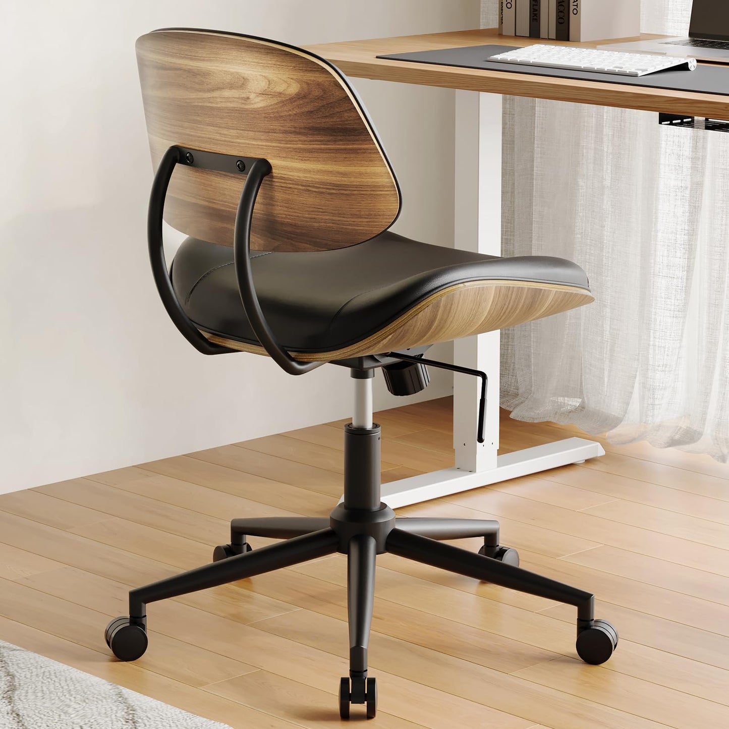BERYTH Armless Office Chair with Wheels, PU Leather Adjustable Height Desk Chair - 360° Swivel Ergonomic Computer Chair for Small Space, Modern Walnut Style, Home & Meeting Room, Black