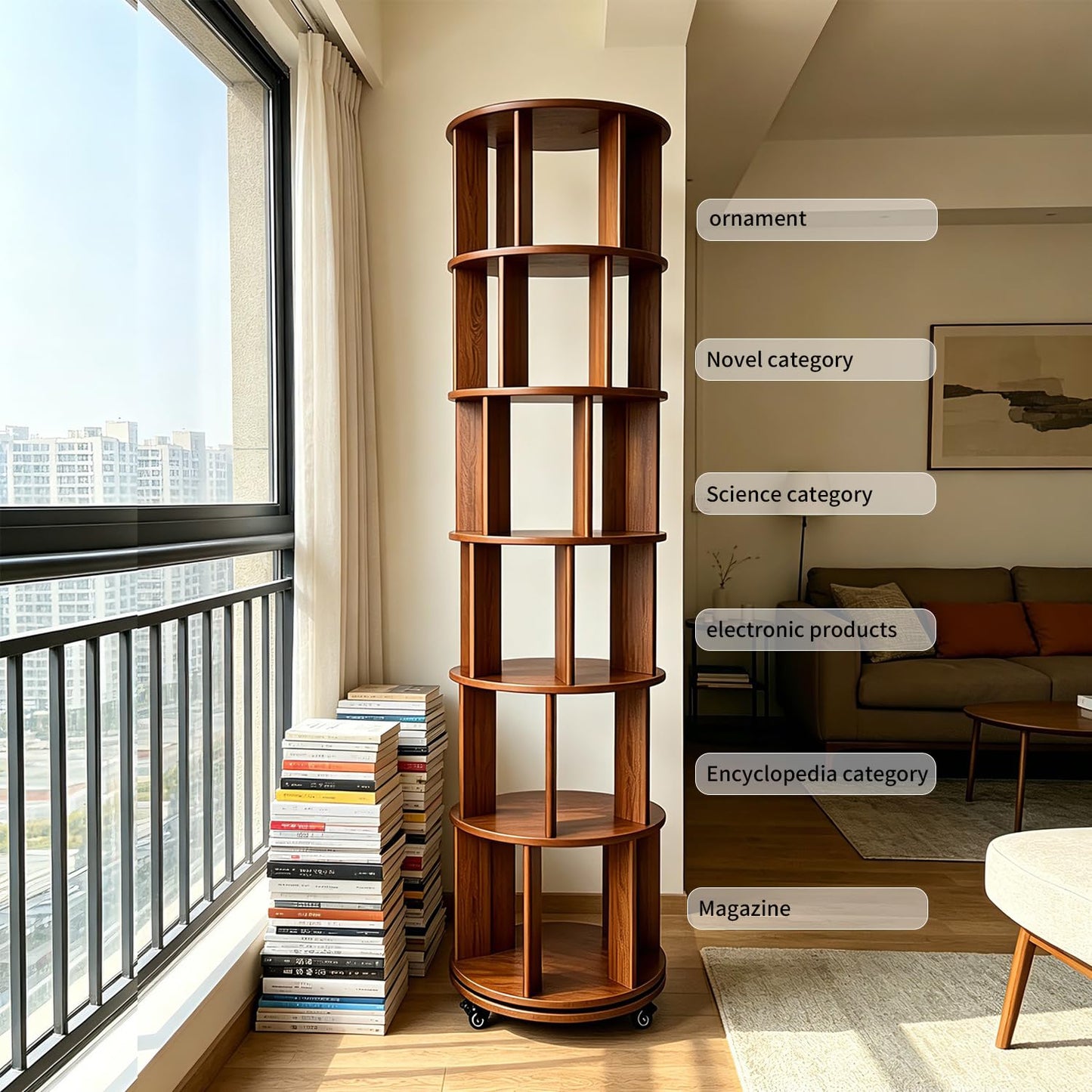 6-Tier Rubberwood Rotating Bookshelf, 360° Spinning Bookcase with Lockable Wheels, Space-Saving Freestanding Corner Storage Rack, Walnut Finish, 17.3"D×17.3"W×78.5"H for Living Room Office Bedroom