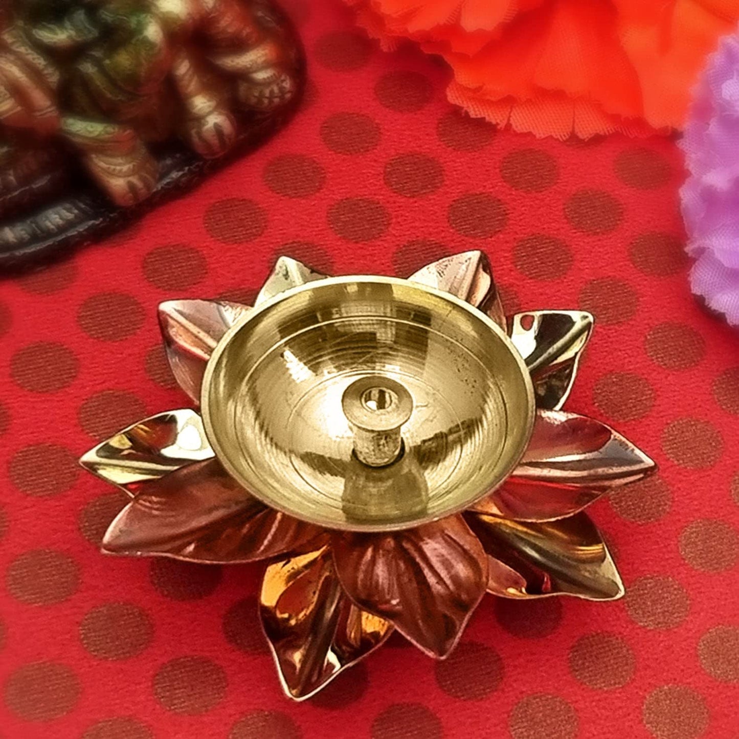Craftsman Brass Copper Diya Set - 6 Pc Lotus Flower Petals for Diwali Home Temple Decoration, Model LD