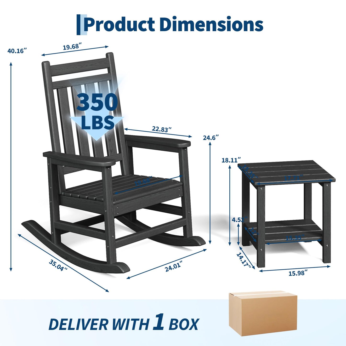 Garvee HDPE Rocking Chair Outdoor Set of 4 with 2 Side Table - Poly High Back Porch Rocker Chairs for Adults - All Weather Resistant Furniture for Patio Front Porch - Black