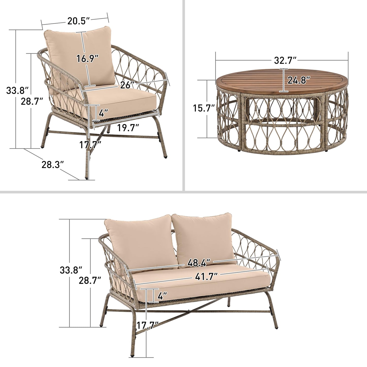 Merax 4-Piece Bohemian Patio Furniture Set, Outdoor Wicker Conversation Set with Single & Loveseat Chairs, Removable Cushions, Wood Tabletop Coffee Table for Garden, Backyard, Balcony, Porch, Poolside