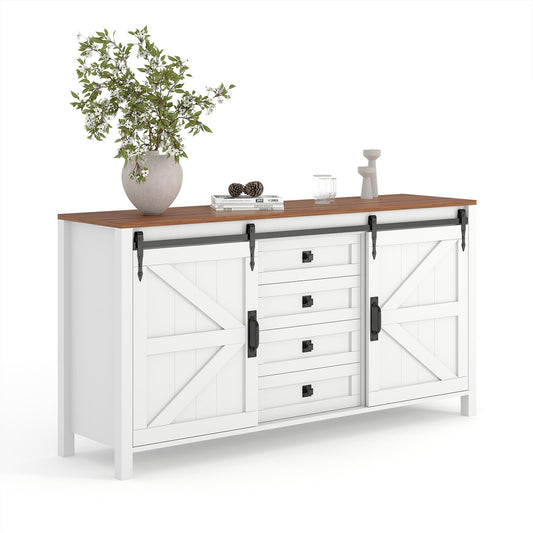 60" Farmhouse Sideboard Buffet Cabinet with Sliding Barn Doors & 4 Drawers, White Kitchen Cabinet with Storage for Dining Room, Coffee Bar, 31.5" Tall Wooden Sideboard TV Stand Console Table