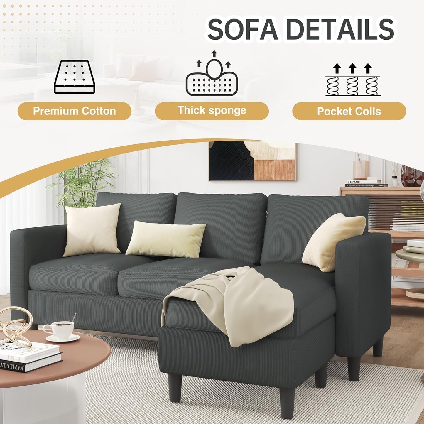 JAMFLY Couches for Living Room, 3-Seat Reversible Sectional Sofa with Convertible Ottoman, Modern Ribbed Fabric L-Shaped Couch for Small Apartment, Studio & Office, Easy Assembly, Grey