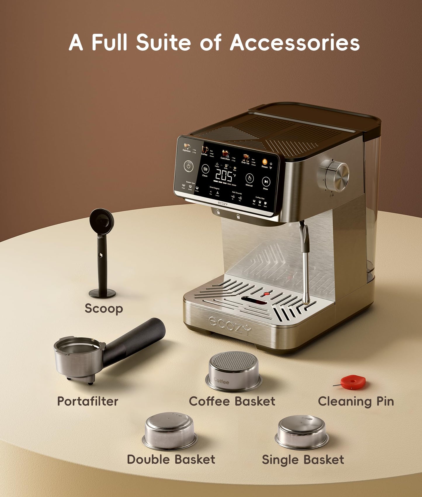 ecozy 4-in-1 Espresso Machine and Coffee Maker Combo with Milk Frother, Cold Brew & Over Ice, Interactive Touch Screen, Stainless Steel, Brezzano Elite Series for Cappuccinos, Lattes, Americanos