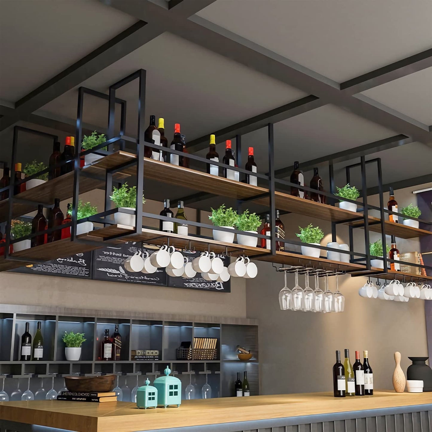 Ceiling Wine Glass Rack - 55.1in Hanging Wine Rack with Glass Holder and Shelf, 2 Layer Industrial Hanging Wine Bottle Holder, Black Metal Ceiling Shelf for Bar Cafe Kitchen (Black, 55.1×11.8×31.4in)