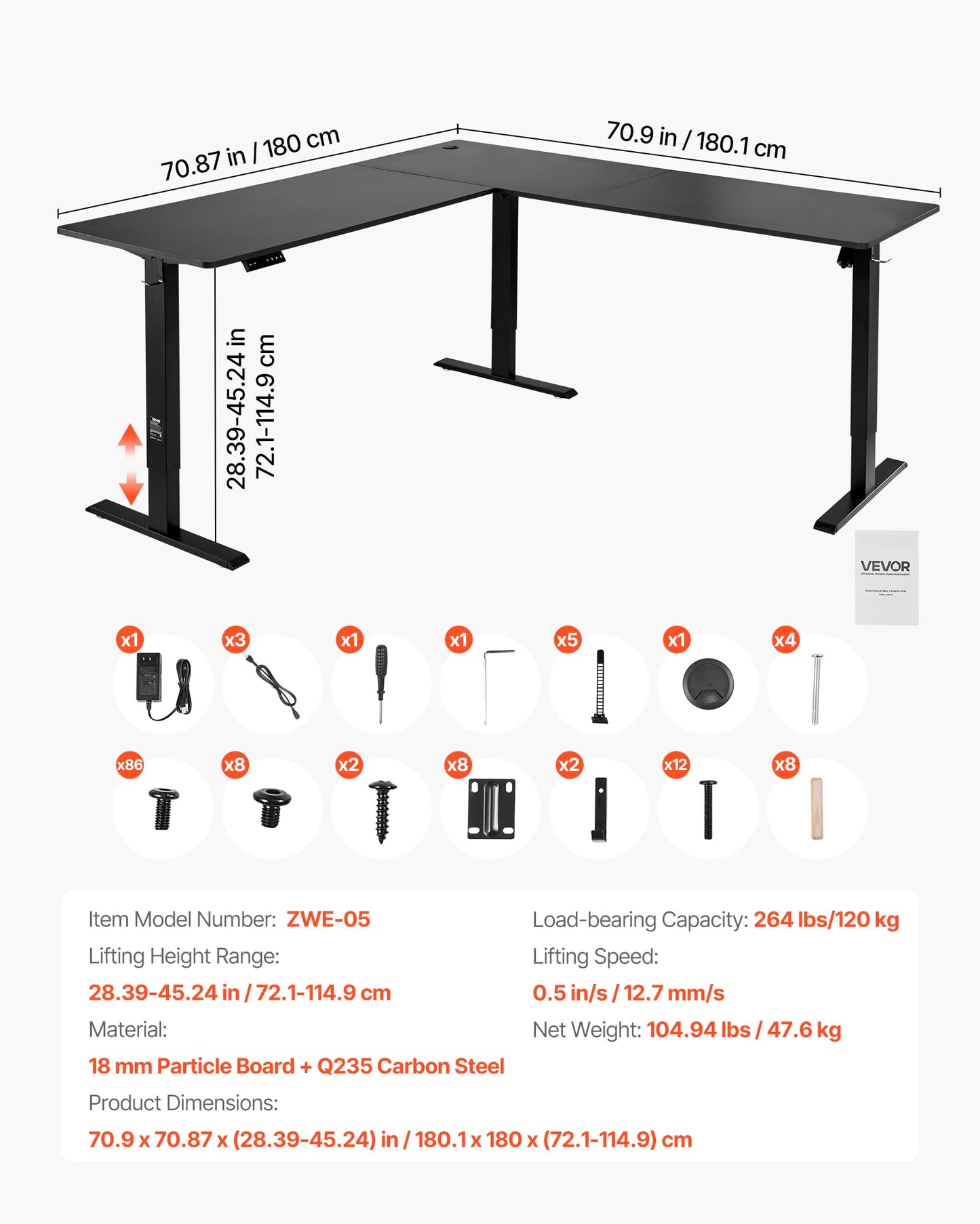VEVOR L Shaped Standing Desk 71 x 71 inch, 3 Memory Height Adjustable, Electric Corner Standing Desk with Dual Motor, 2 Hooks & Cable Hole, Heavy Duty Carbon Steel Sit Stand Computer Workstation Table