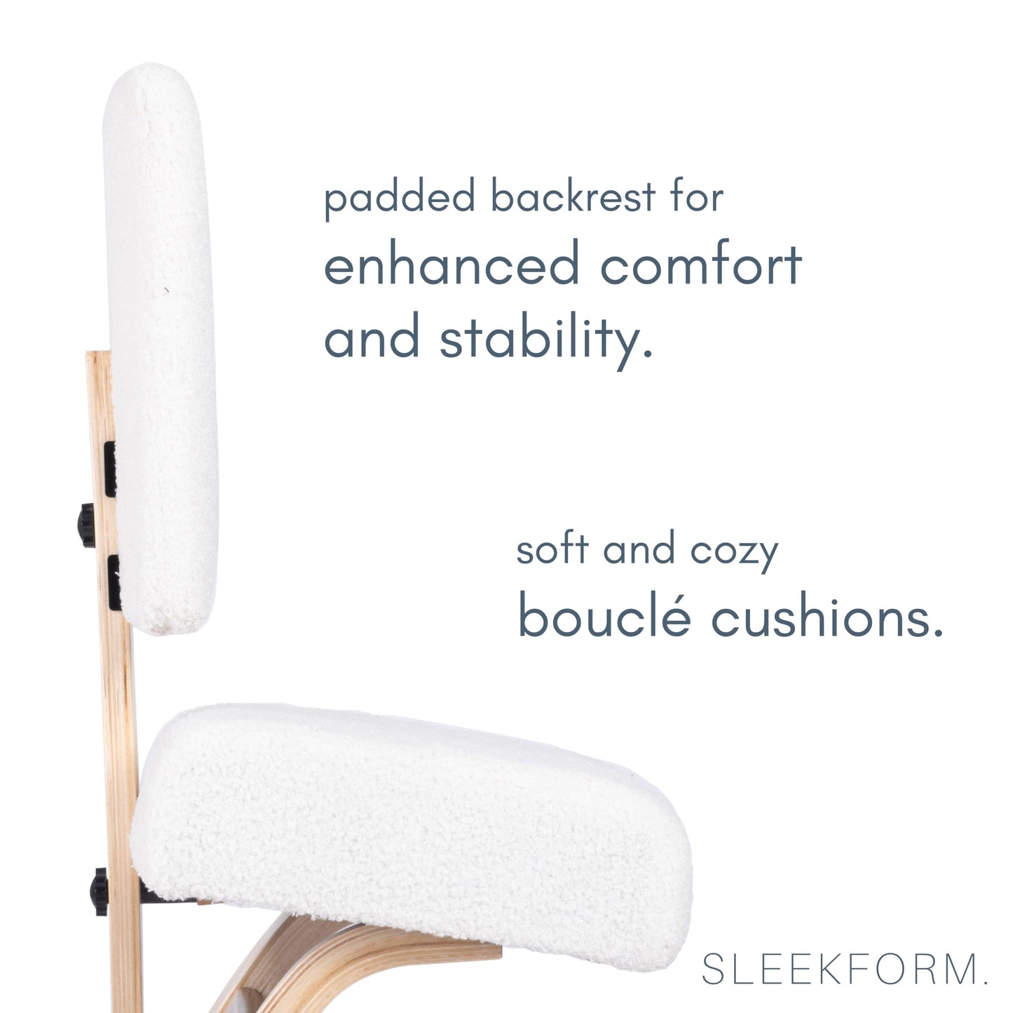 Sleekform East Austin Ergonomic Kneeling Chair with Back Support - Boucle and Wood Ergo Stool for Desk - Best Ergonomic Kneeling Office Chair for Posture and Leg Circulation
