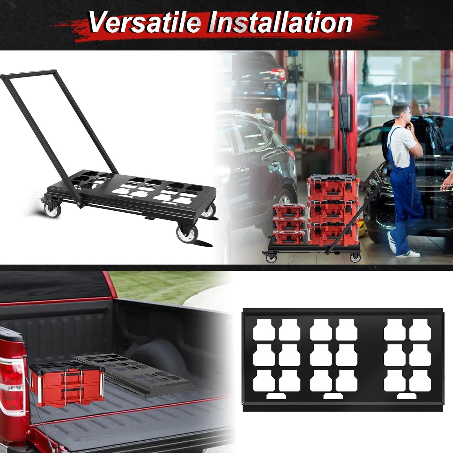 Medium Heavy Duty Toolbox Dolly with Handle, Compatible with Mil.Waukee Packout Toolbox, Double Storage, Thickened Carbon Steel Frame, Larger Wheels with Brake, No Drilling Required, Up to 400lbs