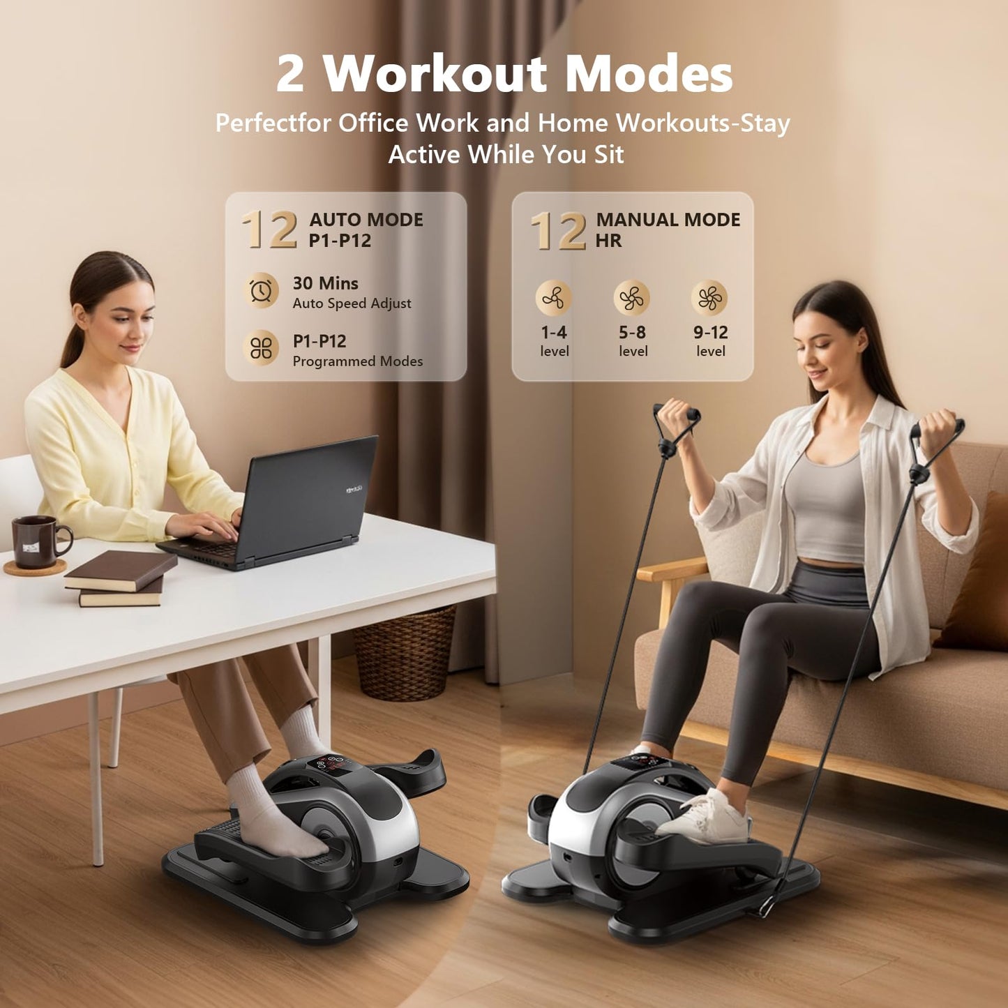 LVPIMAN Under Desk Elliptical Machine for Seniors, Large Size Electric Leg Exerciser with 12 Adjustable Speeds & 12 Modes, Remote Control, Elastic Rope, Manual & Auto Mode for Home Office Use
