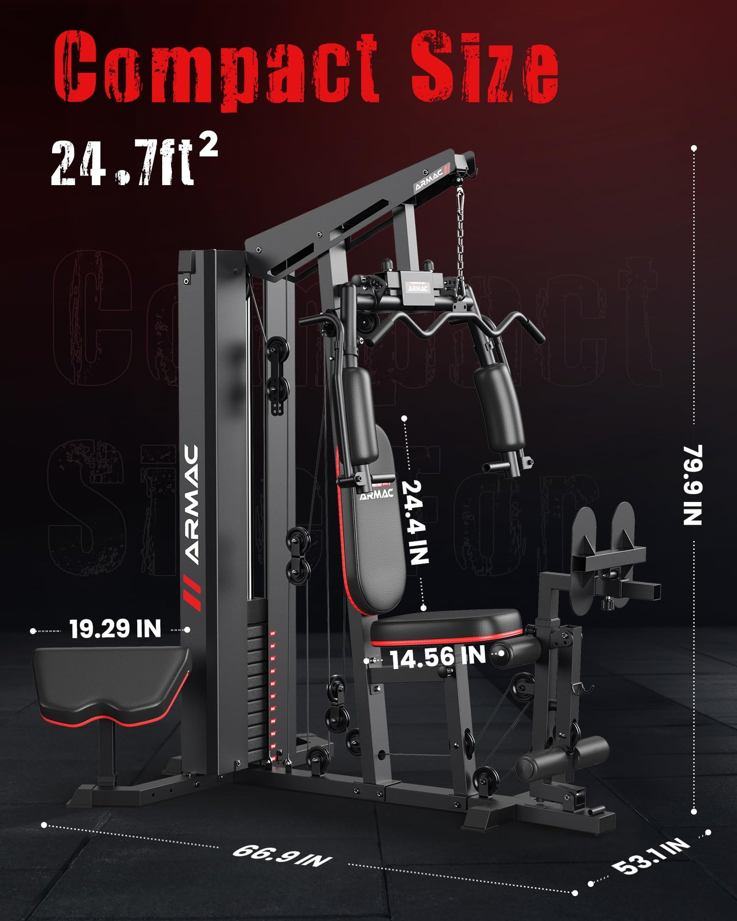 Sportsroyals Home Gym, Multifunctional Workout Station with 150LBS Weight Stack, Full Body Workout Machine with Pulley System for Strength Training (Black red)