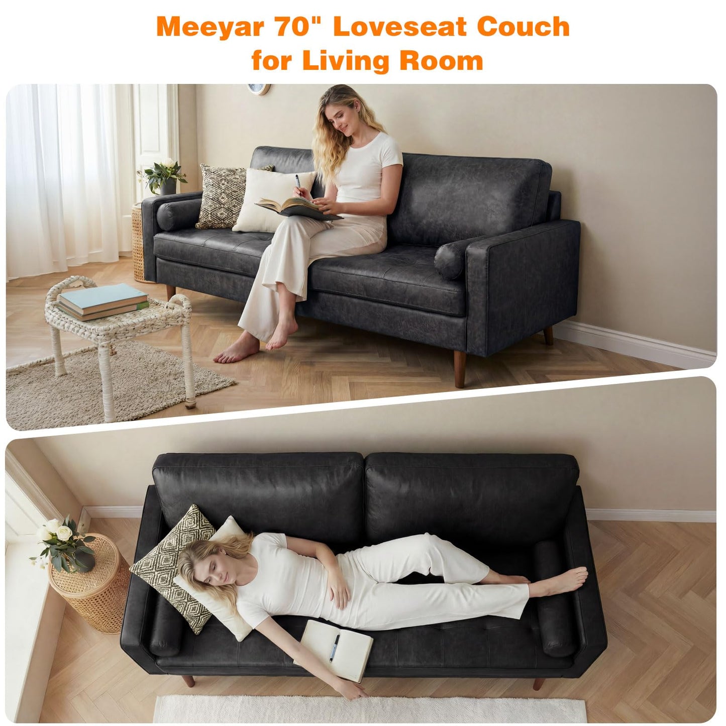 Meeyar 70" Mid-Century Modern Sofa Couch – Faux Leather Loveseat Sofa with Deep Seat & Solid Wood Frame – Includes 2 Accent Pillows – Black Living Room Bedroom Office (Black, 70 inches)